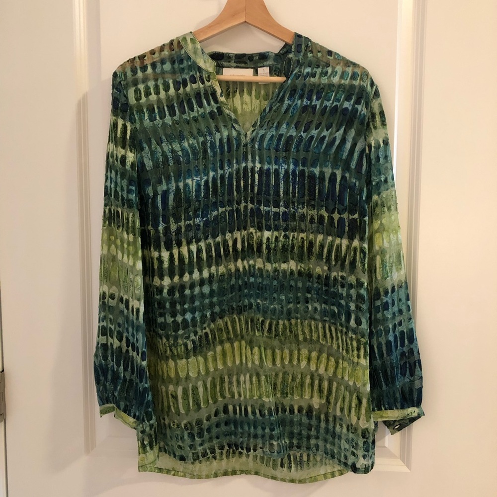 Chico’s Blue/Green Tropical Tunic Top Sz M